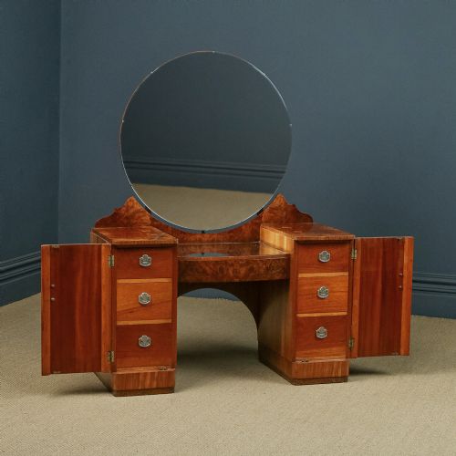 fig 3. Antique English Art Deco Burr Walnut Pedestal Dressing Table / Vanity Table with Round Mirror (Circa 1930)