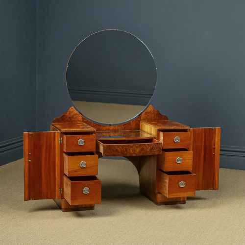fig 4. Antique English Art Deco Burr Walnut Pedestal Dressing Table / Vanity Table with Round Mirror (Circa 1930)