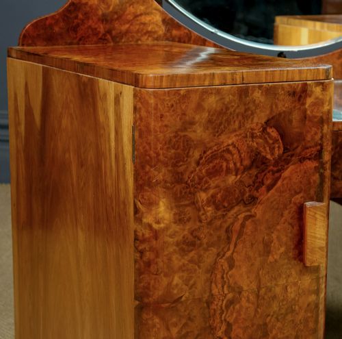 fig 5. Antique English Art Deco Burr Walnut Pedestal Dressing Table / Vanity Table with Round Mirror (Circa 1930)
