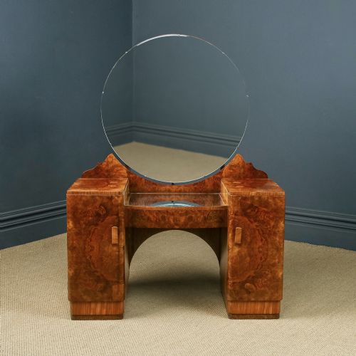 fig 6. Antique English Art Deco Burr Walnut Pedestal Dressing Table / Vanity Table with Round Mirror (Circa 1930)