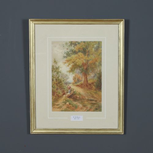 Antique English Victorian Landscape Stream Watercolour Painting Picture by William R Hoyles (Circa 1900)
