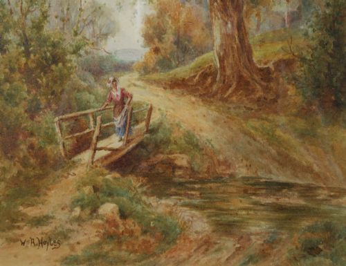 fig 2. Antique English Victorian Landscape Stream Watercolour Painting Picture by William R Hoyles (Circa 1900)