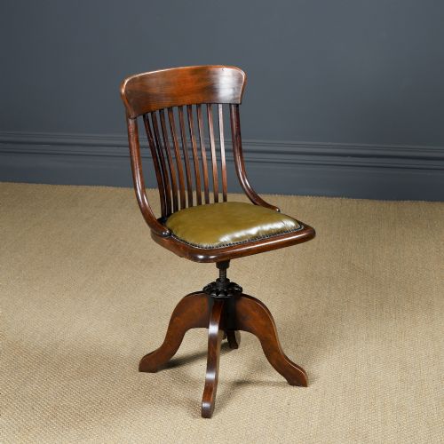 Antique English George V Beech & Green Leather Revolving Armless Small Office Desk Side Chair (Circa 1920)