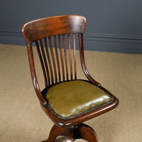 fig 1. Antique English George V Beech & Green Leather Revolving Armless Small Office Desk Side Chair (Circa 1920)