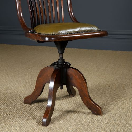fig 3. Antique English George V Beech & Green Leather Revolving Armless Small Office Desk Side Chair (Circa 1920)