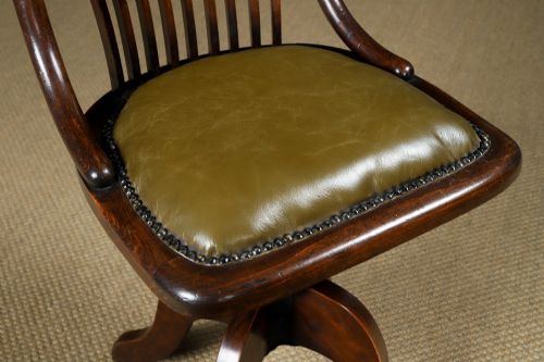 fig 6. Antique English George V Beech & Green Leather Revolving Armless Small Office Desk Side Chair (Circa 1920)