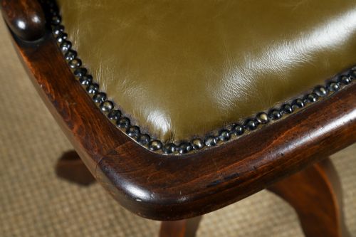 fig 7. Antique English George V Beech & Green Leather Revolving Armless Small Office Desk Side Chair (Circa 1920)