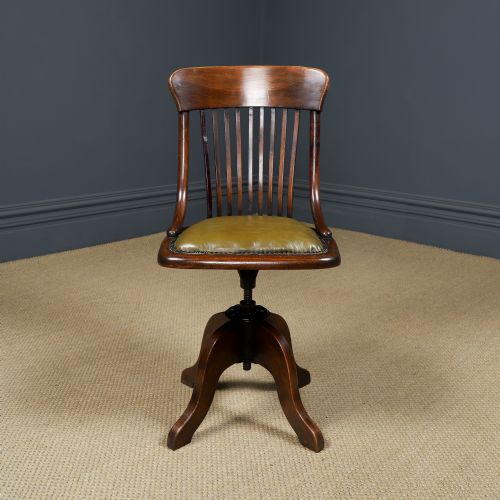 fig 8. Antique English George V Beech & Green Leather Revolving Armless Small Office Desk Side Chair (Circa 1920)