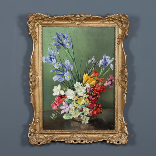 fig 1. Vintage English Oil Painting Picture of Spring Flowers by William H. Barnes (Circa 1964)