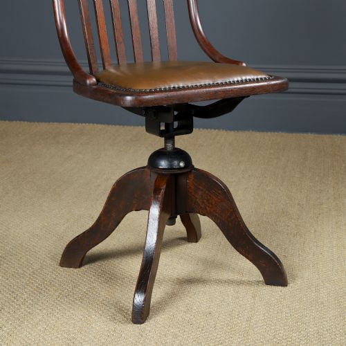 fig 1. Antique English George V Oak & Brown Leather Revolving Armless Small Office Desk Side Chair (Circa 1920) 