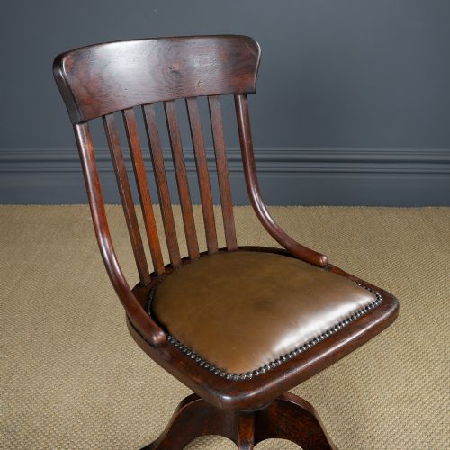 fig 2. Antique English George V Oak & Brown Leather Revolving Armless Small Office Desk Side Chair (Circa 1920) 