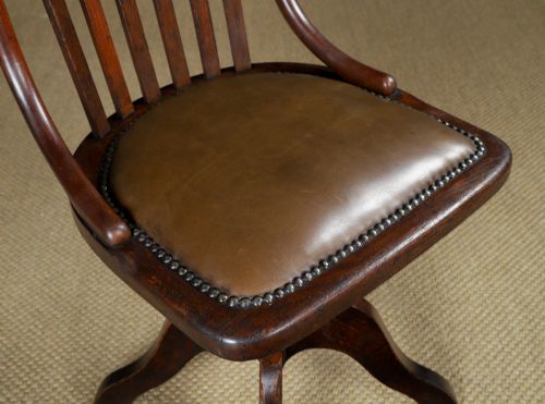 fig 3. Antique English George V Oak & Brown Leather Revolving Armless Small Office Desk Side Chair (Circa 1920) 