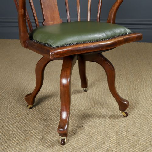 fig 1. Antique English Victorian Mahogany & Green Leather Revolving Office Desk Arm Chair (Circa 1870)
