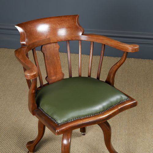 fig 2. Antique English Victorian Mahogany & Green Leather Revolving Office Desk Arm Chair (Circa 1870)