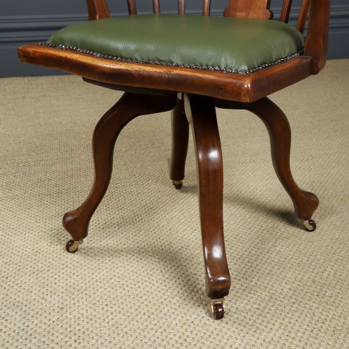 fig 4. Antique English Victorian Mahogany & Green Leather Revolving Office Desk Arm Chair (Circa 1870)