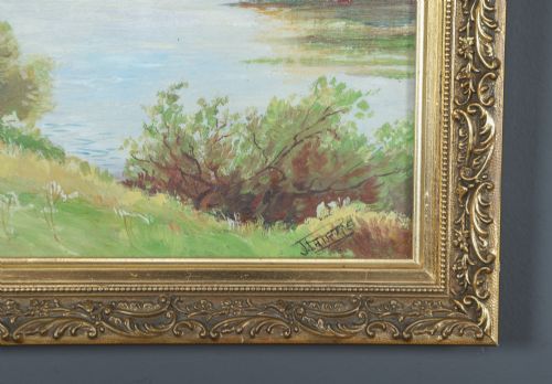 fig 3. A framed landscape painting depicting a serene river flowing through green foliage and trees, presented in an ornate gilt frame.