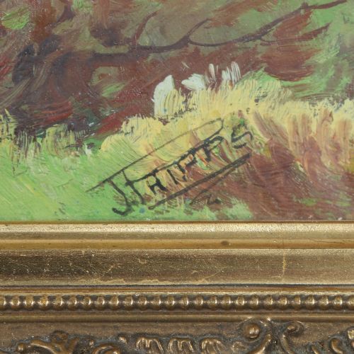 fig 4. A framed landscape painting depicting a serene river flowing through green foliage and trees, presented in an ornate gilt frame.