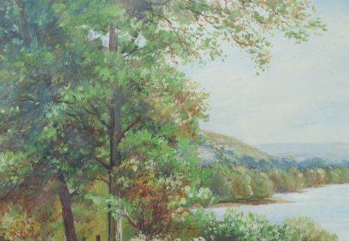 fig 7. A framed landscape painting depicting a serene river flowing through green foliage and trees, presented in an ornate gilt frame.