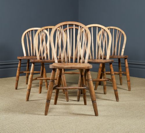 fig 2. Antique Set of 6 Six Victorian Ash & Elm Windsor Stick & Hoop Back Kitchen Chairs (Circa 1890) 
