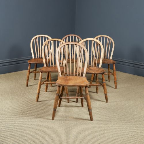 fig 1. Antique Set of 6 Six Victorian Ash & Elm Windsor Stick & Hoop Back Kitchen Chairs (Circa 1890) 