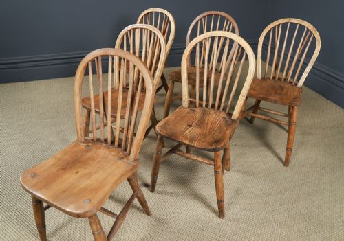 fig 4. Antique Set of 6 Six Victorian Ash & Elm Windsor Stick & Hoop Back Kitchen Chairs (Circa 1890) 