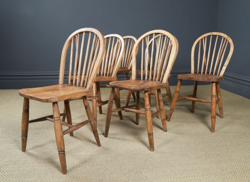 fig 5. Antique Set of 6 Six Victorian Ash & Elm Windsor Stick & Hoop Back Kitchen Chairs (Circa 1890) 