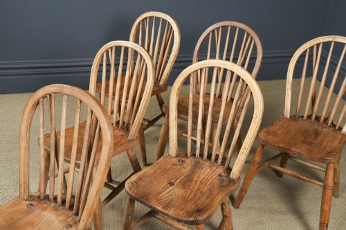 fig 6. Antique Set of 6 Six Victorian Ash & Elm Windsor Stick & Hoop Back Kitchen Chairs (Circa 1890) 