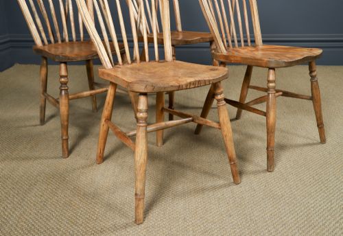 fig 6. Antique Set of 4 Four Victorian Ash & Elm Windsor Stick & Hoop Back Kitchen Chairs (Circa 1890)