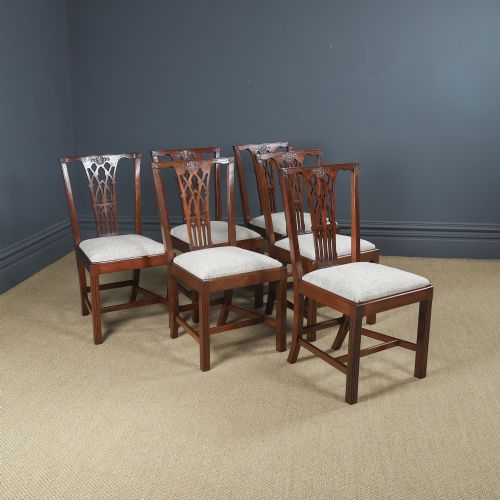 ANTIQUE ENGLISH SET OF SIX 6 CHIPPENDALE STYLE GOTHIC NEO CLASSICAL MAHOGANY DINING CHAIRS CIRCA 1890
