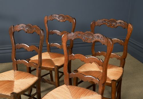 fig 1. Antique French Set of 6 Six Louis XV Style Oak Ladder Back Rush Seat Kitchen Dining Chairs (Circa 1920)