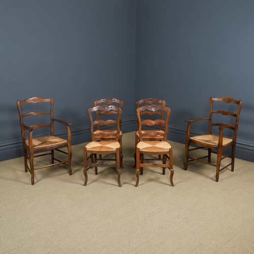 fig 2. Antique French Set of 6 Six Louis XV Style Oak Ladder Back Rush Seat Kitchen Dining Chairs (Circa 1920)