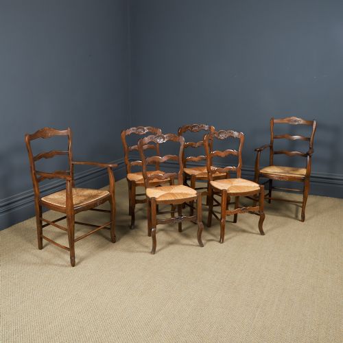 fig 3. Antique French Set of 6 Six Louis XV Style Oak Ladder Back Rush Seat Kitchen Dining Chairs (Circa 1920)