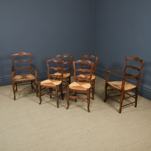 fig 4. Antique French Set of 6 Six Louis XV Style Oak Ladder Back Rush Seat Kitchen Dining Chairs (Circa 1920)