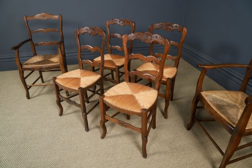 fig 5. Antique French Set of 6 Six Louis XV Style Oak Ladder Back Rush Seat Kitchen Dining Chairs (Circa 1920)