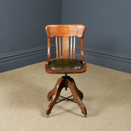 fig 1. Antique English George V Oak & Green Leather Revolving Armless Small Office Desk Side Chair (Circa 1920)