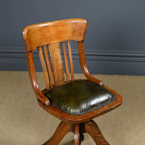 fig 2. Antique English George V Oak & Green Leather Revolving Armless Small Office Desk Side Chair (Circa 1920)