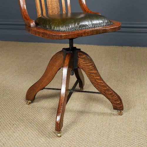 fig 5. Antique English George V Oak & Green Leather Revolving Armless Small Office Desk Side Chair (Circa 1920)