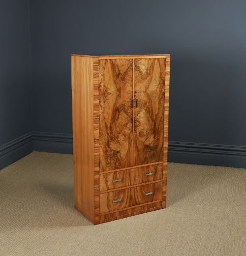 SMALL ANTIQUE ENGLISH ART DECO WALNUT TWO DOOR TALLBOY COMPACTUM ARMOIRE CIRCA 1930