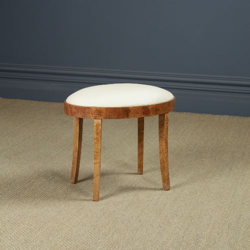 ANTIQUE ENGLISH ART DECO OVAL BIRDS EYE MAPLE LEATHER CREAM DRESSING TABLE STOOL CIRCA 1930