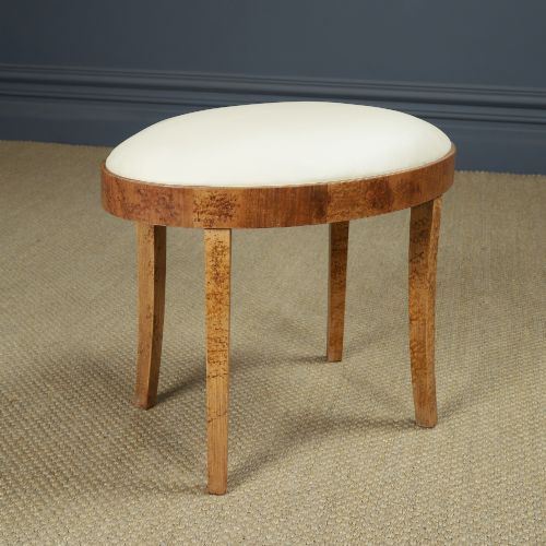 ANTIQUE ENGLISH ART DECO OVAL BIRDS EYE MAPLE LEATHER CREAM DRESSING TABLE STOOL CIRCA 1930 - ADDITIONAL PHOTO 1