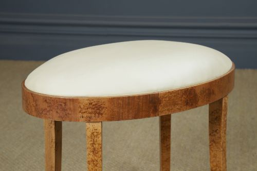 ANTIQUE ENGLISH ART DECO OVAL BIRDS EYE MAPLE LEATHER CREAM DRESSING TABLE STOOL CIRCA 1930 - ADDITIONAL PHOTO 2