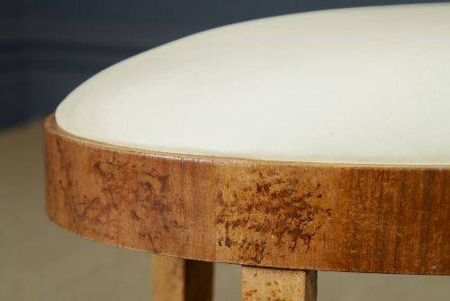 ANTIQUE ENGLISH ART DECO OVAL BIRDS EYE MAPLE LEATHER CREAM DRESSING TABLE STOOL CIRCA 1930 - ADDITIONAL PHOTO 3