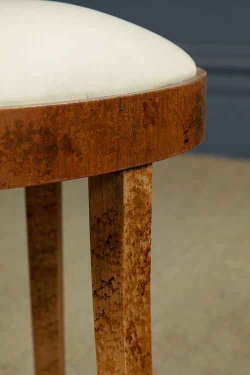 ANTIQUE ENGLISH ART DECO OVAL BIRDS EYE MAPLE LEATHER CREAM DRESSING TABLE STOOL CIRCA 1930 - ADDITIONAL PHOTO 4