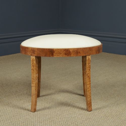 ANTIQUE ENGLISH ART DECO OVAL BIRDS EYE MAPLE LEATHER CREAM DRESSING TABLE STOOL CIRCA 1930 - ADDITIONAL PHOTO 6