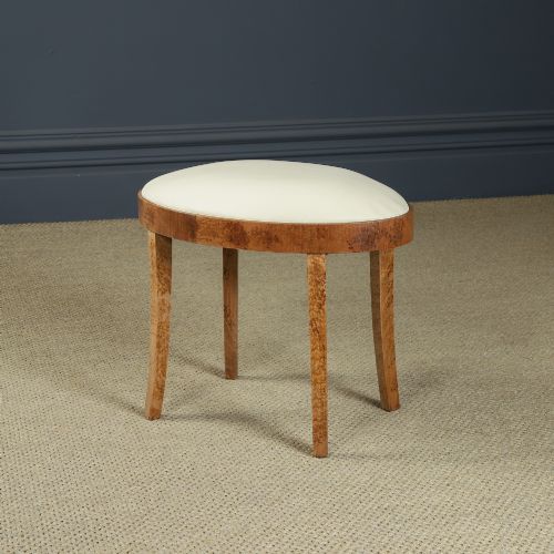 ANTIQUE ENGLISH ART DECO OVAL BIRDS EYE MAPLE LEATHER CREAM DRESSING TABLE STOOL CIRCA 1930 - ADDITIONAL PHOTO 7
