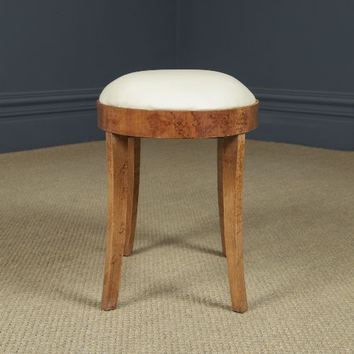 ANTIQUE ENGLISH ART DECO OVAL BIRDS EYE MAPLE LEATHER CREAM DRESSING TABLE STOOL CIRCA 1930 - ADDITIONAL PHOTO 11