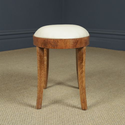 ANTIQUE ENGLISH ART DECO OVAL BIRDS EYE MAPLE LEATHER CREAM DRESSING TABLE STOOL CIRCA 1930 - ADDITIONAL PHOTO 12