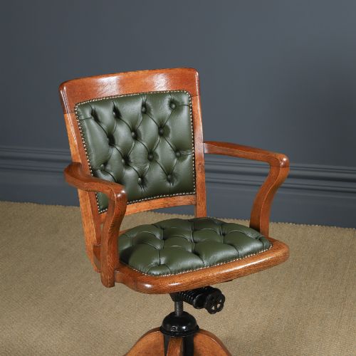 ANTIQUE ENGLISH EDWARDIAN OAK GREEN LEATHER UPHOLSTERED REVOLVING OFFICE DESK ARM CHAIR CIRCA 1910 - ADDITIONAL PHOTO 1