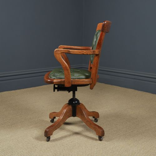 ANTIQUE ENGLISH EDWARDIAN OAK GREEN LEATHER UPHOLSTERED REVOLVING OFFICE DESK ARM CHAIR CIRCA 1910 - ADDITIONAL PHOTO 6