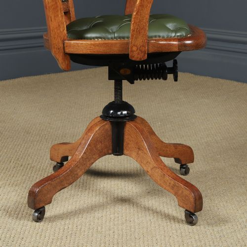ANTIQUE ENGLISH EDWARDIAN OAK GREEN LEATHER UPHOLSTERED REVOLVING OFFICE DESK ARM CHAIR CIRCA 1910 - ADDITIONAL PHOTO 9